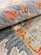 Bohemian Sage & Denim Hand-Knotted Oushak Wool Rug for living room