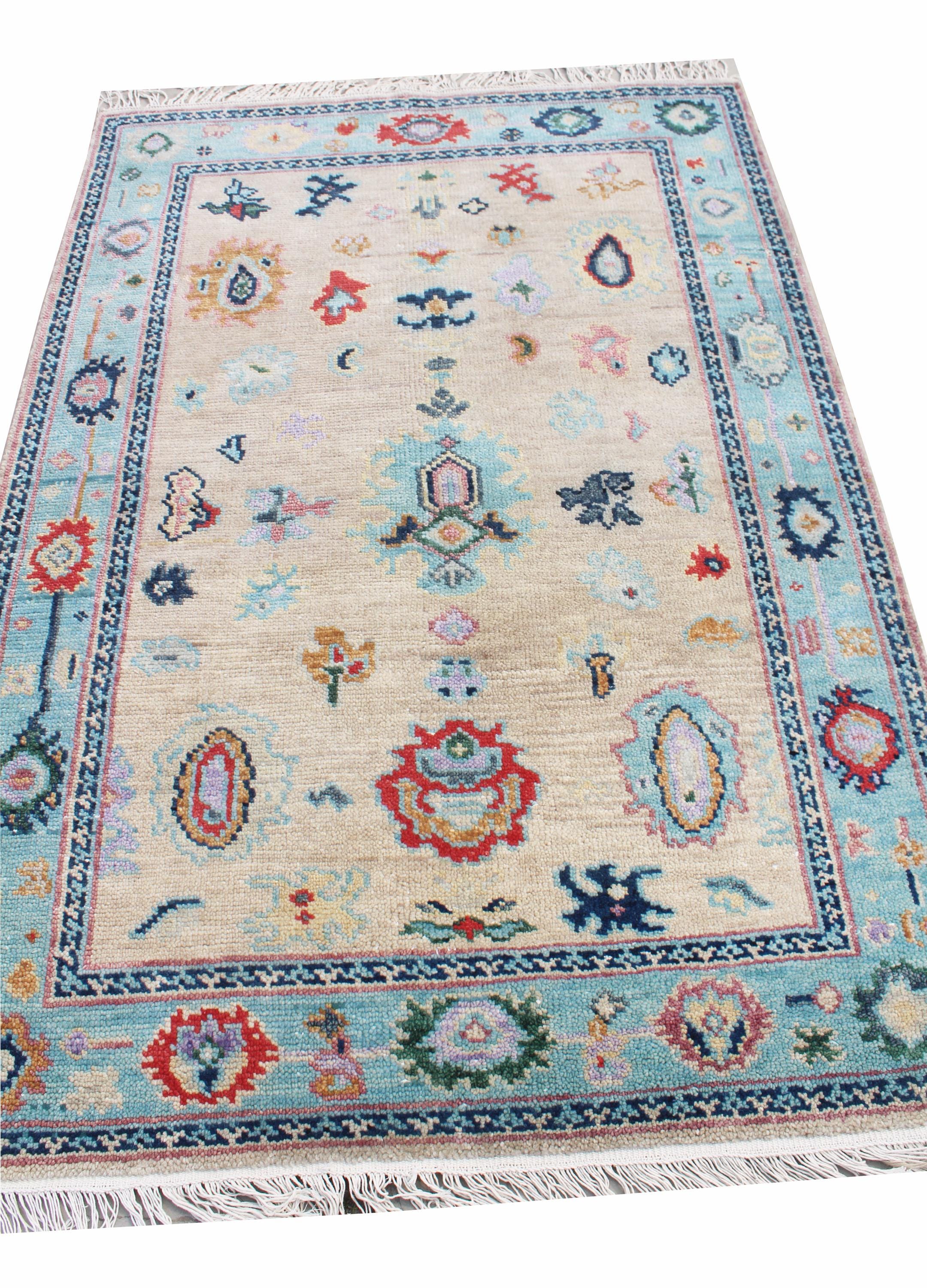 Hand-Knotted Oushak Wool Rug, Beige & Light Blue, Modern Floral