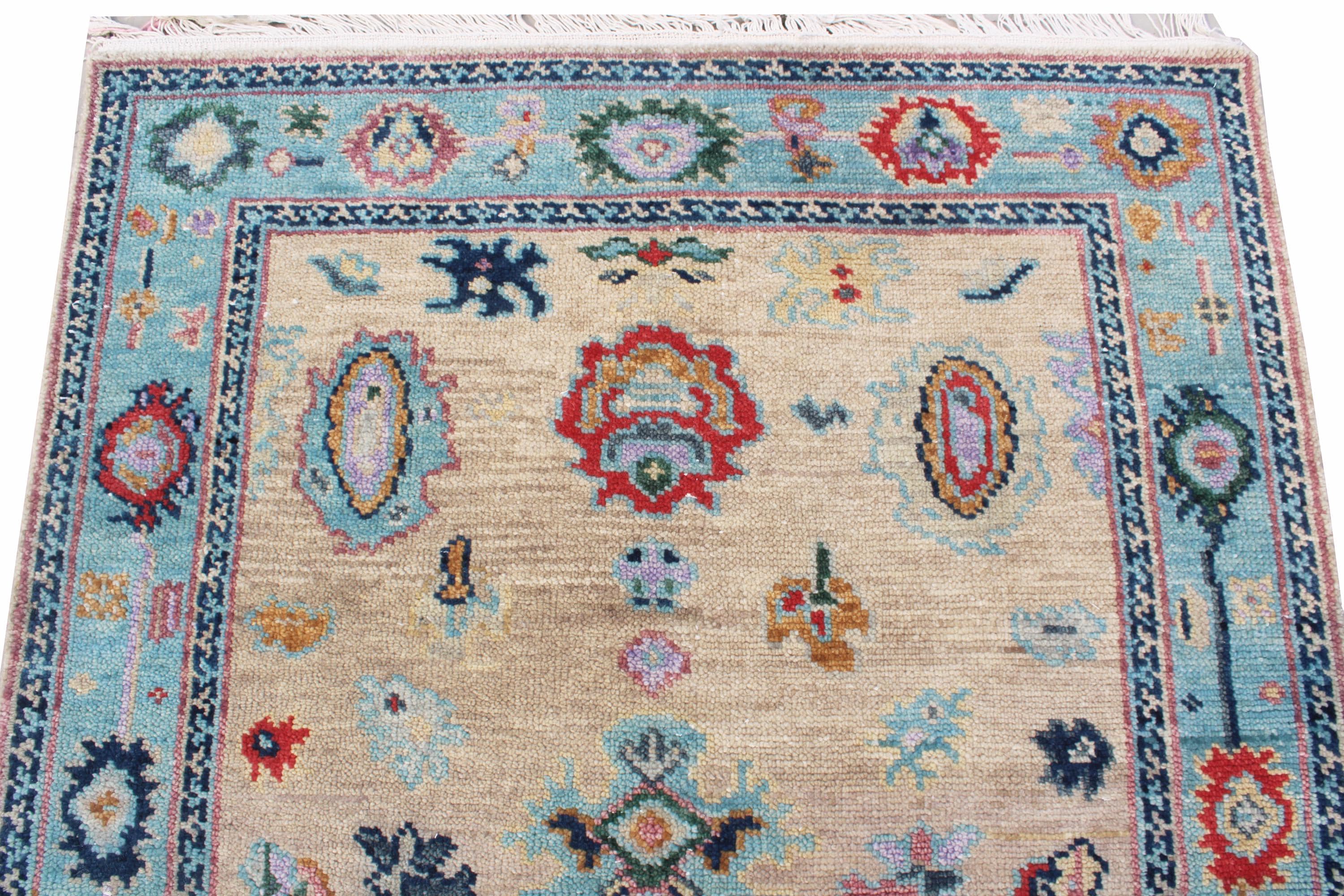 Hand-Knotted Oushak Wool Rug, Beige & Light Blue, Modern Floral