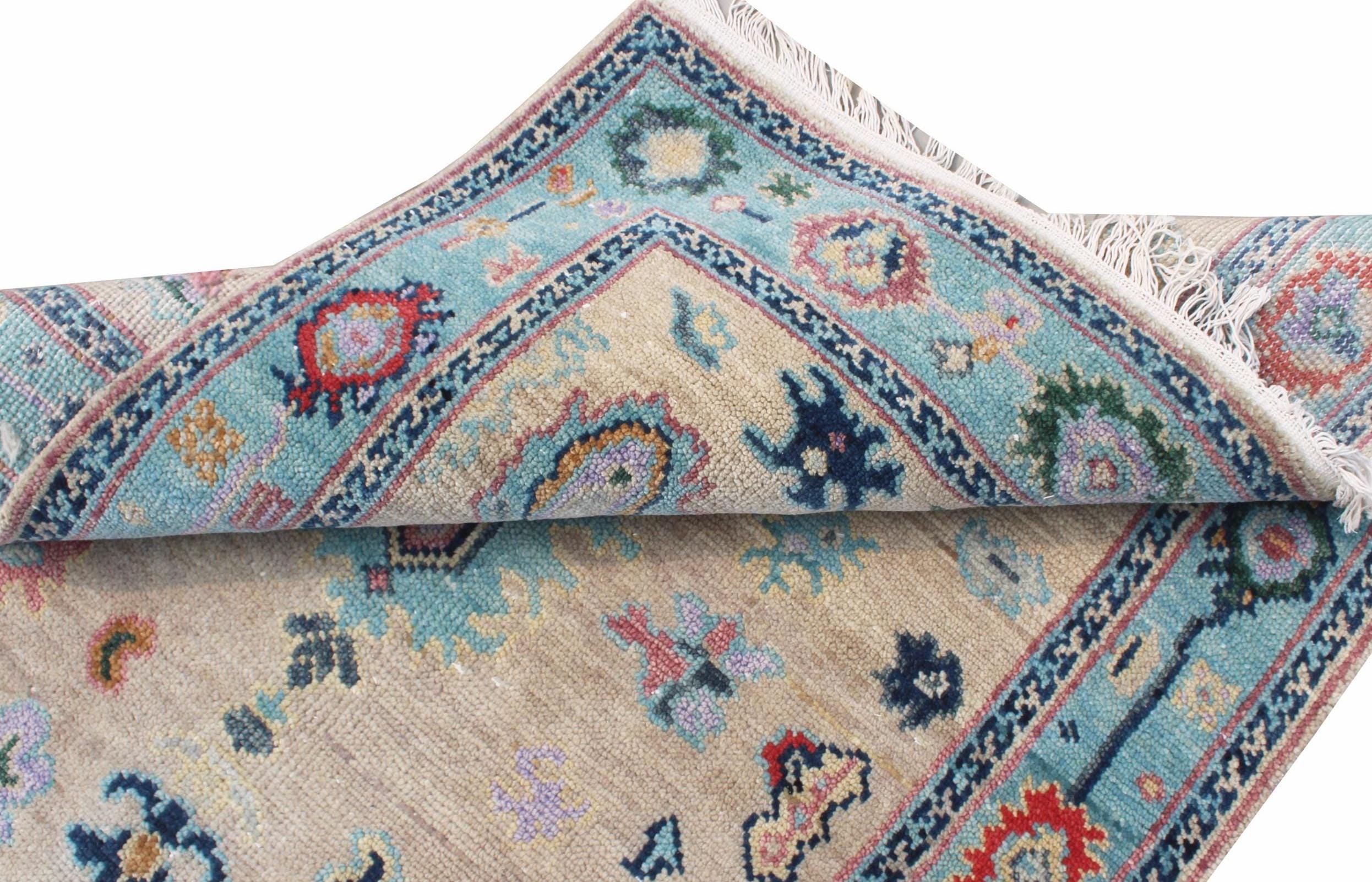 Hand-Knotted Oushak Wool Rug, Beige & Light Blue, Modern Floral