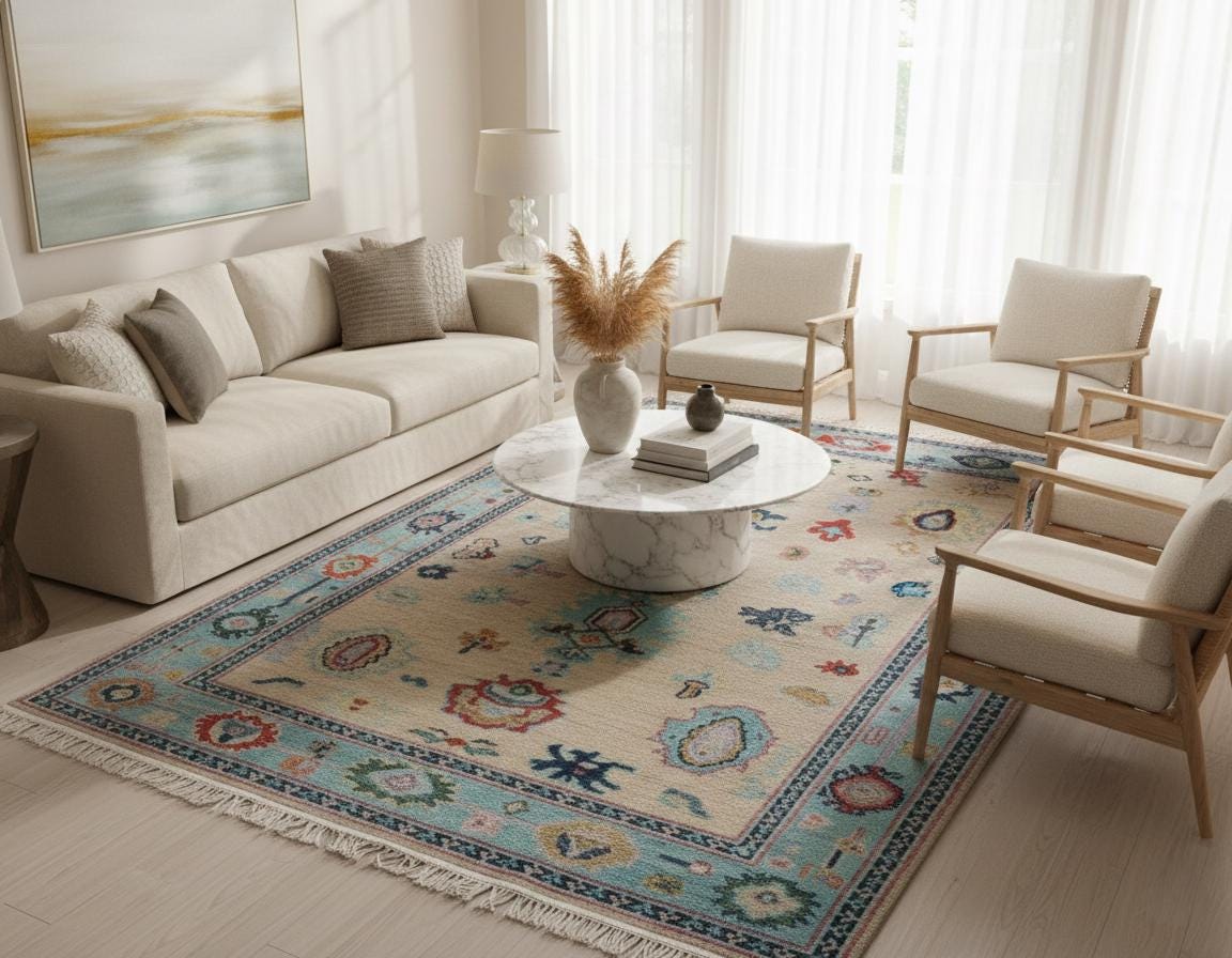 Hand-Knotted Oushak Wool Rug, Beige & Light Blue, Modern Floral
