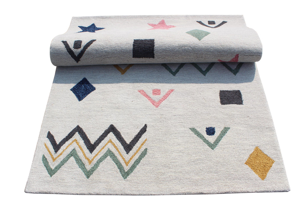 Colorful Geometric Shapes Wool Area Rug, Nursery Playroom Decor