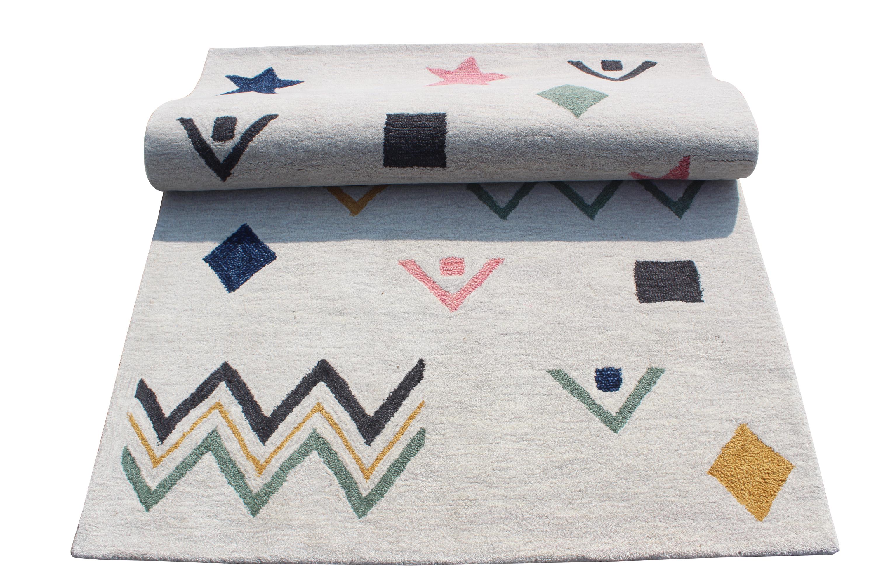 Colorful Geometric Shapes Wool Area Rug, Nursery Playroom Decor