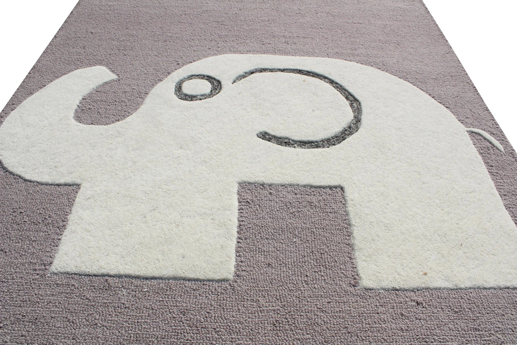 Elephant Hand Tufted Rug, Grey & White Nursery Area Rug, Cute Animal Kids Room Decor