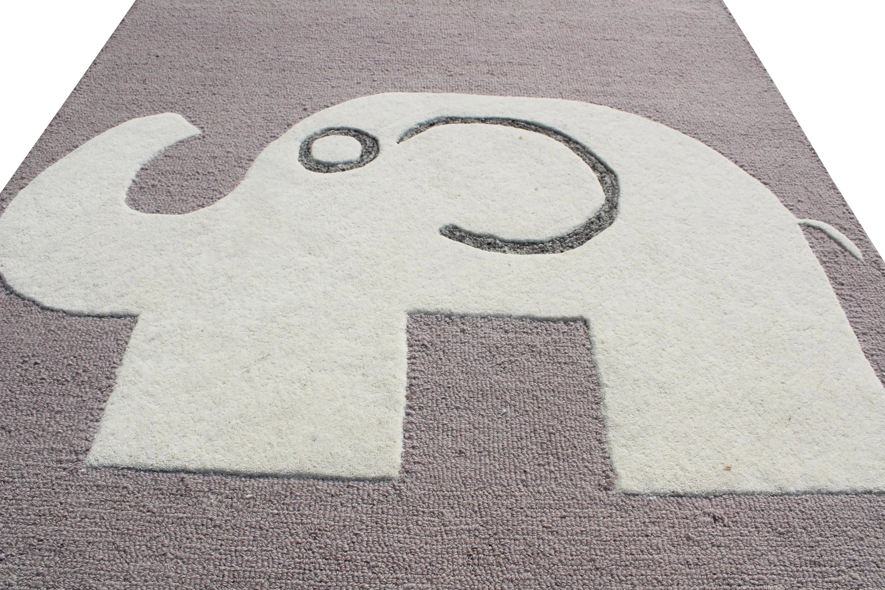 Elephant Hand Tufted Rug, Grey & White Nursery Area Rug, Cute Animal Kids Room Decor