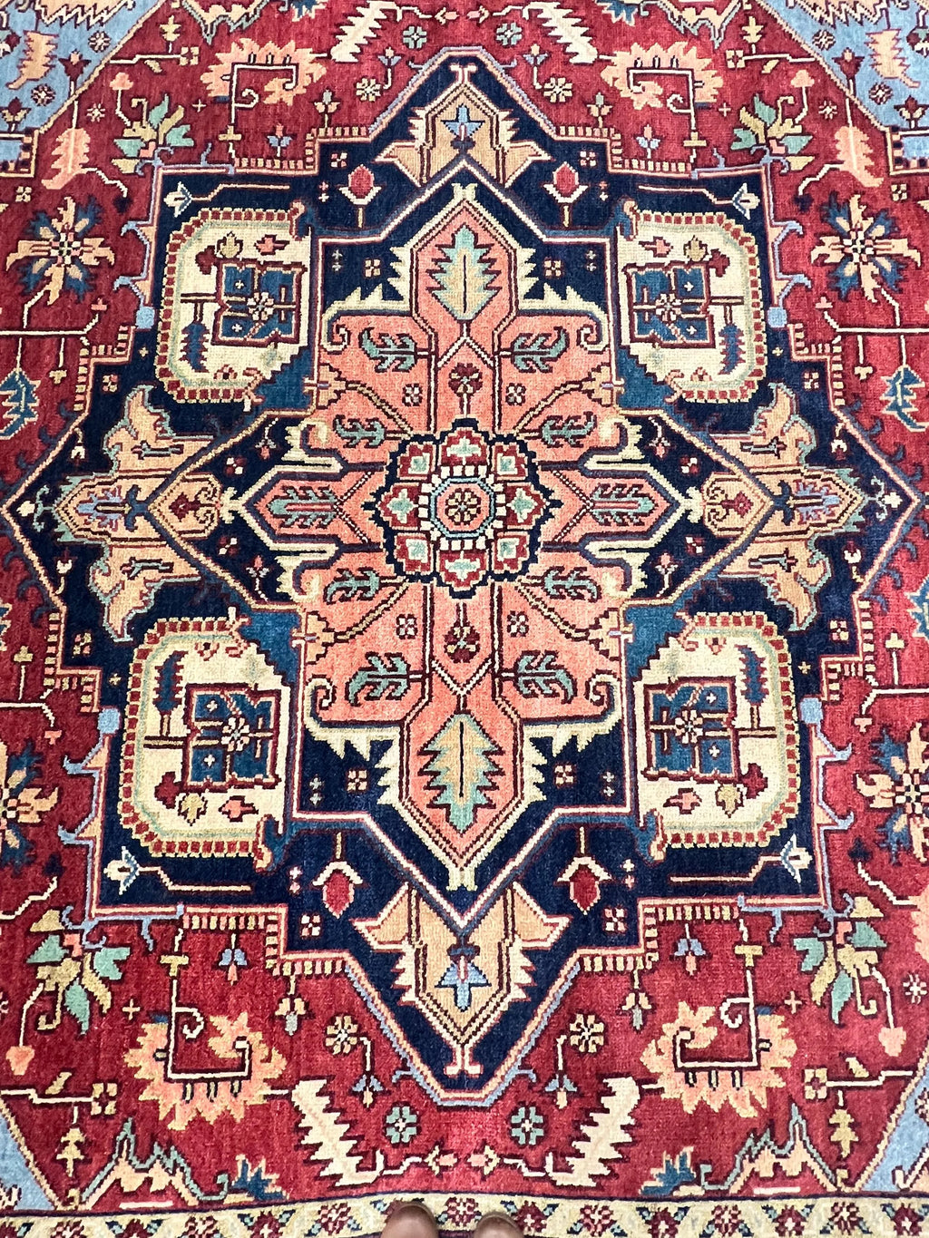 Hand Knotted Serapi Wool Rug, Rust Navy Heriz style Medallion Area Rug, Traditional Oriental Carpet for Living Room, Custom Sizes Available