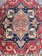 Hand Knotted Serapi Wool Rug, Rust Navy Heriz style Medallion Area Rug, Traditional Oriental Carpet for Living Room, Custom Sizes Available