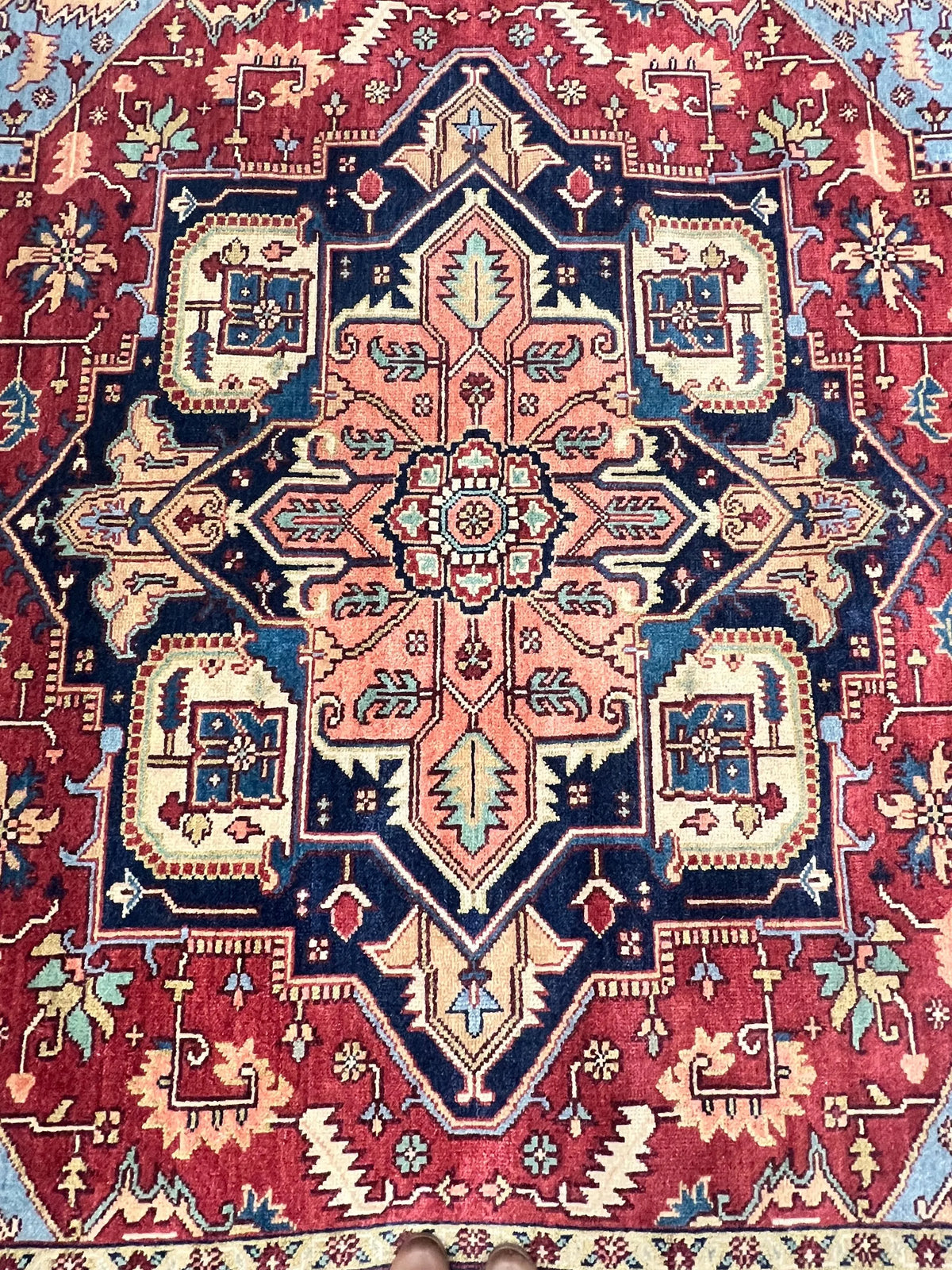 Hand Knotted Serapi Wool Rug, Rust Navy Heriz style Medallion Area Rug, Traditional Oriental Carpet for Living Room, Custom Sizes Available