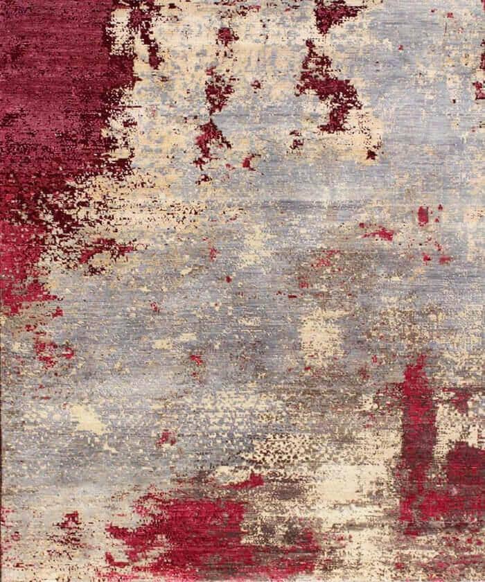Red/Silver Gray HandKnotted Abstract Rug -Genuine Wool-Silk Blend-Modern Contemporary Area Rug-Premium 10/10 Quality
