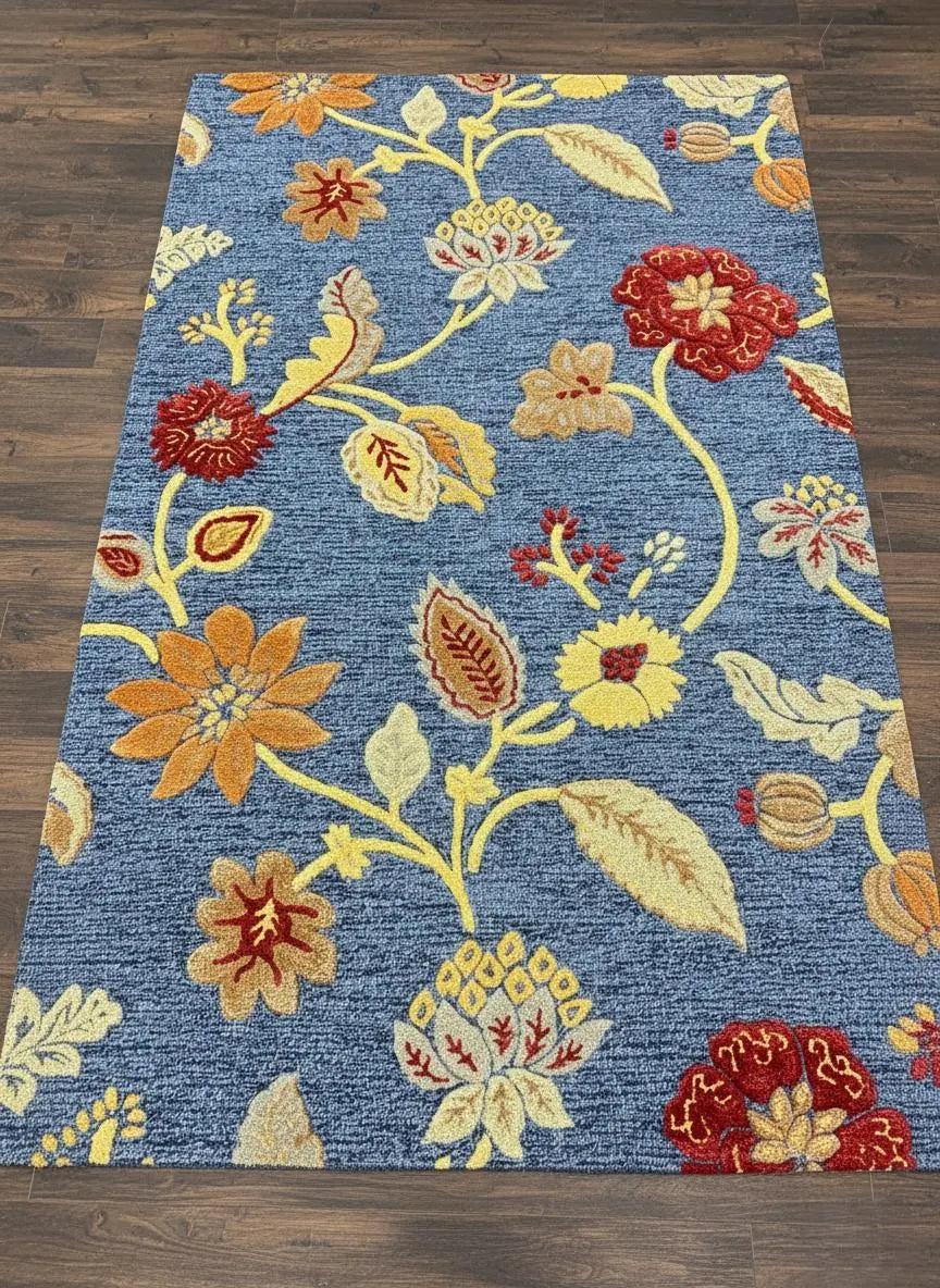Hand-Tufted Floral Wool Rug - Blue & Ochre (5x8)