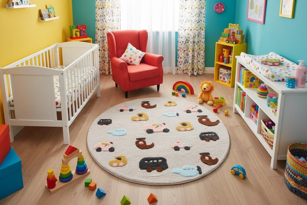 Round Hand-Tufted Kids Transportation Rug | Wool Nursery Decor