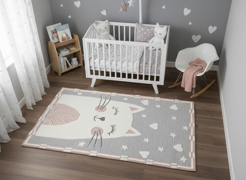 Hand-Tufted Cute Cat Nursery Decor, Soft Kids Bedroom Carpet, Animal Playroom Rug, Aesthetic Pastel Home Gift
