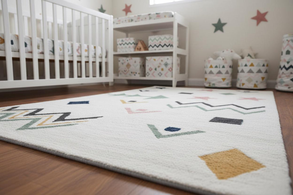 Colorful Geometric Shapes Wool Area Rug, Nursery Playroom Decor