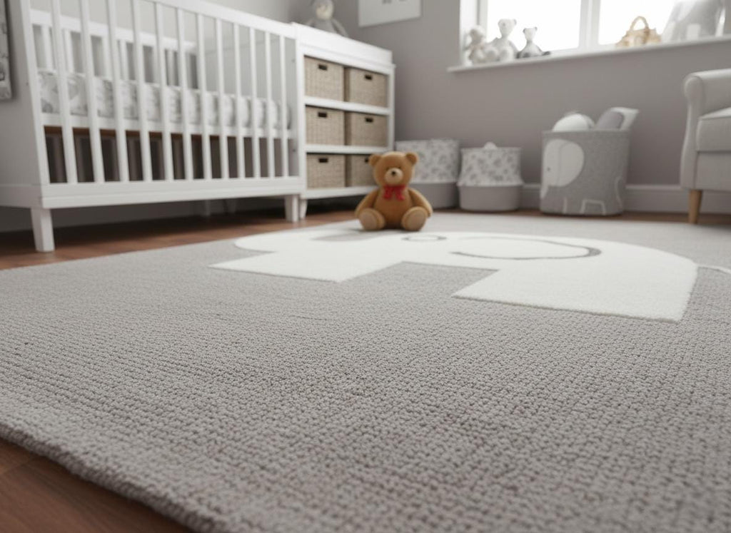 Elephant Hand Tufted Rug, Grey & White Nursery Area Rug, Cute Animal Kids Room Decor