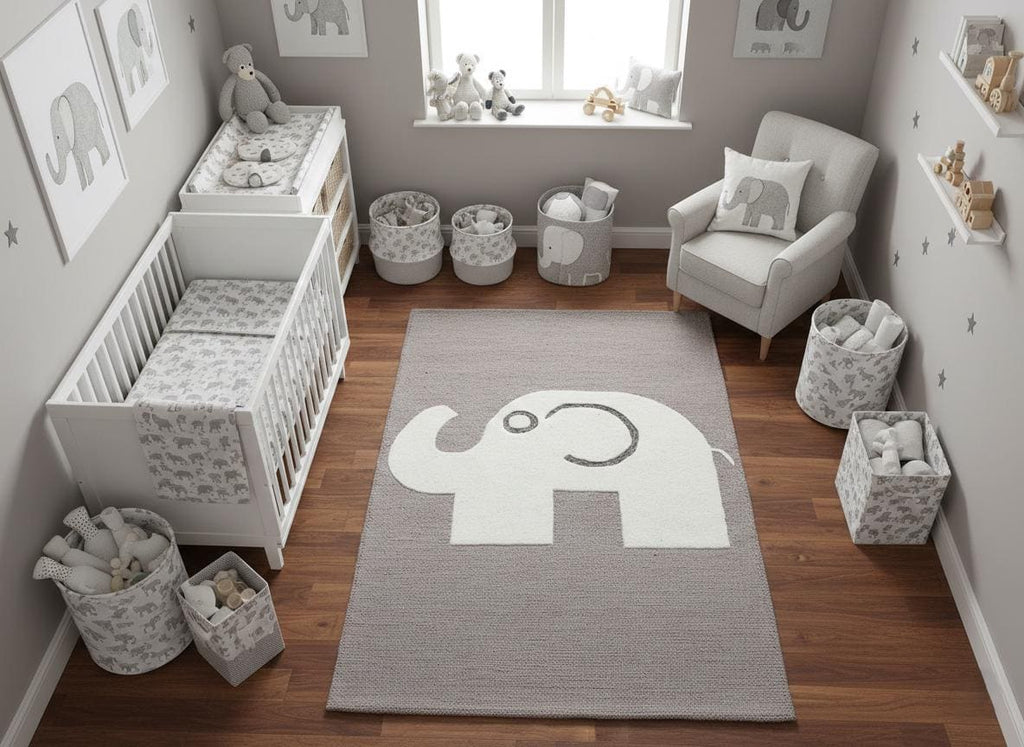 Elephant Hand Tufted Rug, Grey & White Nursery Area Rug, Cute Animal Kids Room Decor