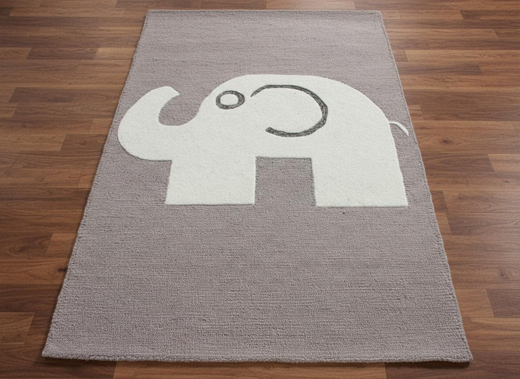 Elephant Hand Tufted Rug, Grey & White Nursery Area Rug, Cute Animal Kids Room Decor