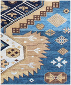 Hand Knotted Navajo Rug- Blue & Gold Southwestern Area Rug, Wool Rug for Living Room, Scandi Decor