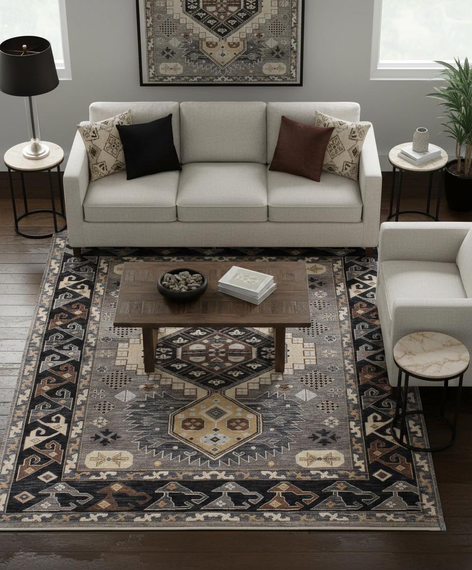 Hand Knotted Navajo Rug- Grey Black Southwestern Wool Area Rug- Modern Tribal Kilim - Custom Size Large Rug- Rustic Earthy Living Room Decor