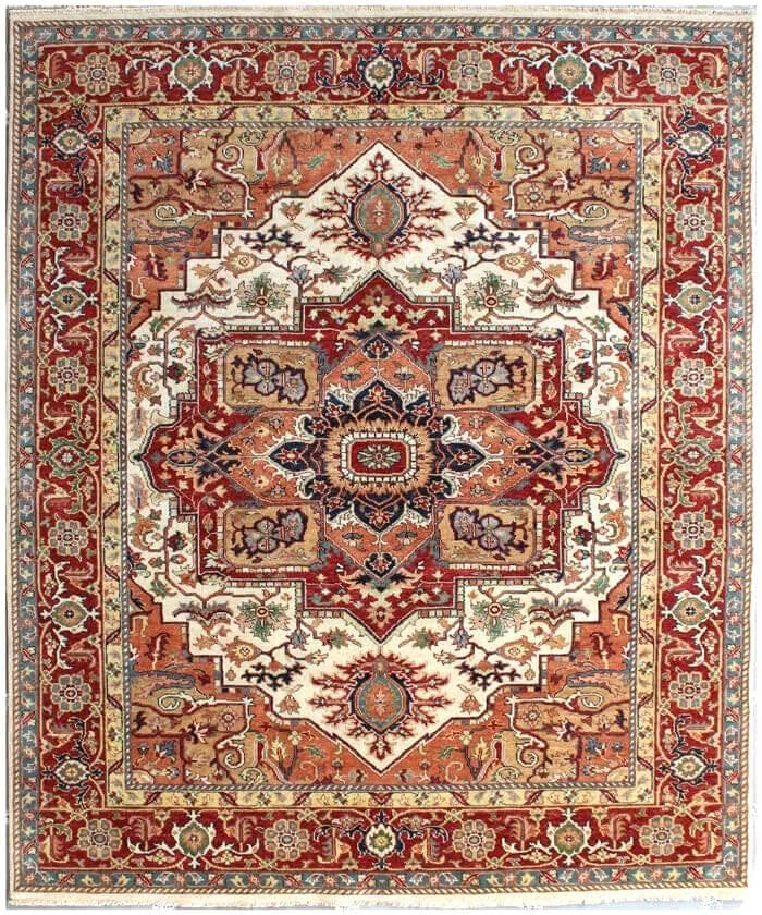 Hand knotted Heriz Serapi Wool Rug – Rust ivory Area Rug 6×9, 8×10, 10x14 ft – Persian Style Burgundy Serapi Rug for Living Room & Bedroom