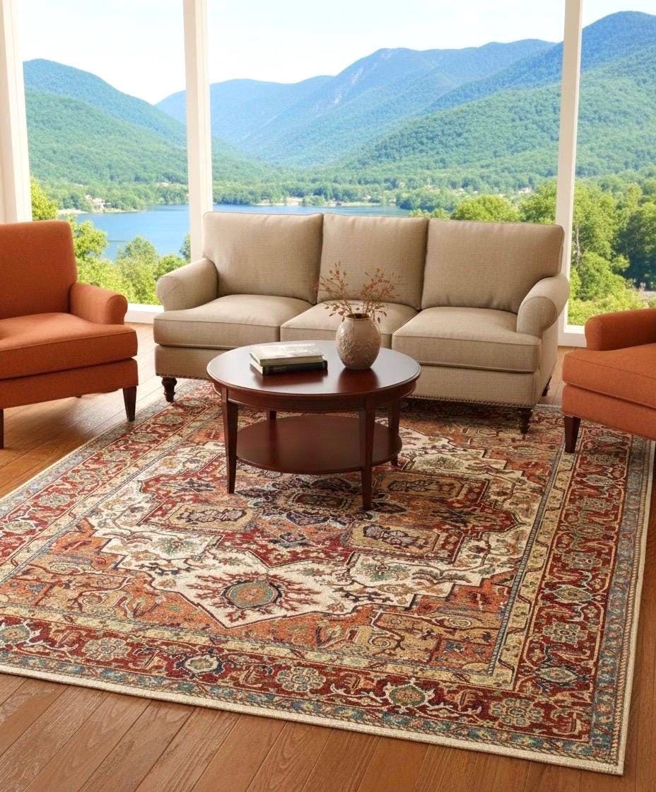 Hand knotted Heriz Serapi Wool Rug – Rust ivory Area Rug 6×9, 8×10, 10x14 ft – Persian Style Burgundy Serapi Rug for Living Room & Bedroom