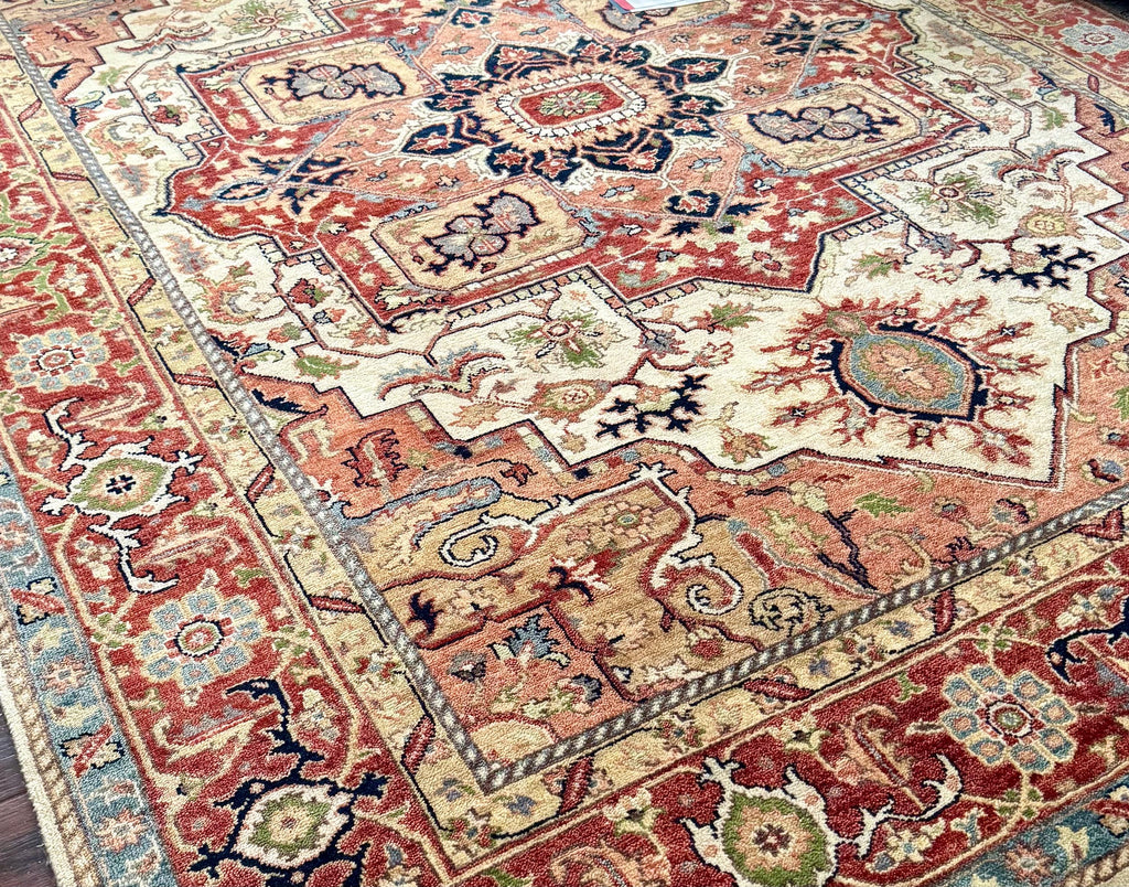 Hand knotted Heriz Serapi Wool Rug – Rust ivory Area Rug 6×9, 8×10, 10x14 ft – Persian Style Burgundy Serapi Rug for Living Room & Bedroom