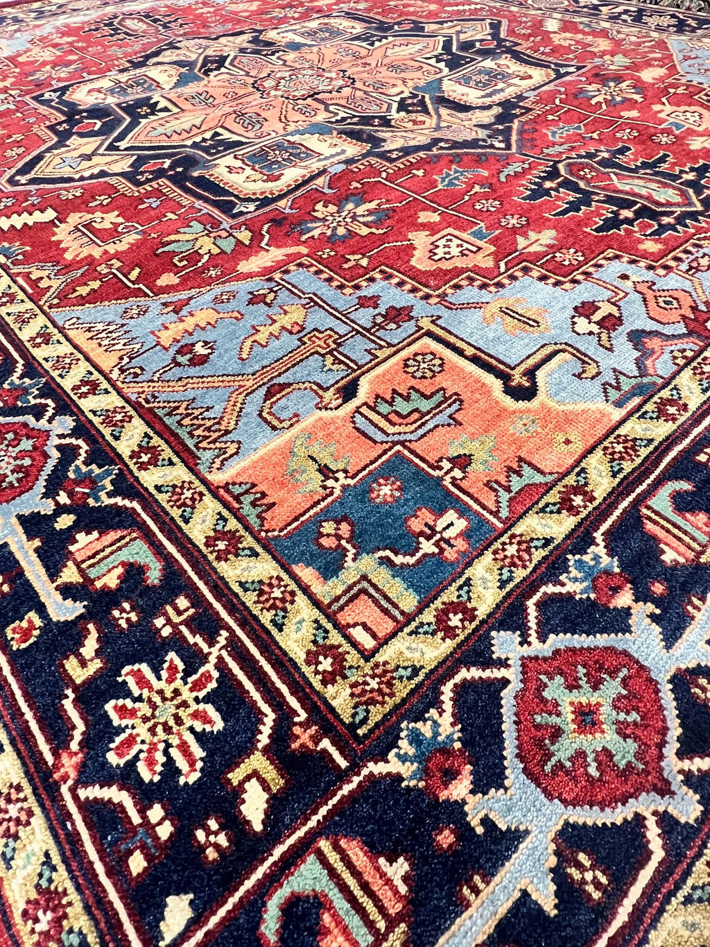 Hand Knotted Serapi Wool Rug, Rust Navy Heriz style Medallion Area Rug, Traditional Oriental Carpet for Living Room, Custom Sizes Available