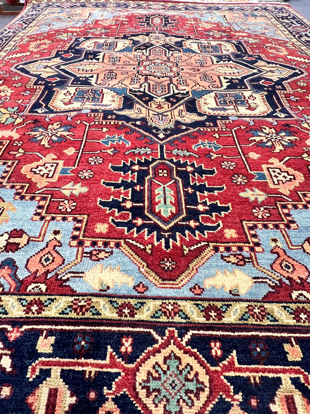 Hand Knotted Serapi Wool Rug, Rust Navy Heriz style Medallion Area Rug, Traditional Oriental Carpet for Living Room, Custom Sizes Available