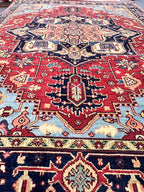 Hand Knotted Serapi Wool Rug, Rust Navy Heriz style Medallion Area Rug, Traditional Oriental Carpet for Living Room, Custom Sizes Available