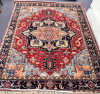 Hand Knotted Serapi Wool Rug, Rust Navy Heriz style Medallion Area Rug, Traditional Oriental Carpet for Living Room, Custom Sizes Available