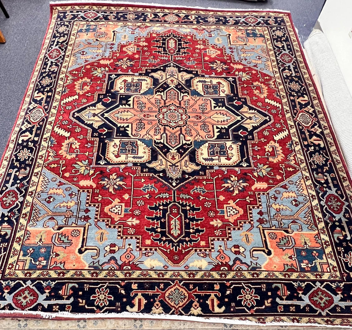 Hand Knotted Serapi Wool Rug, Rust Navy Heriz style Medallion Area Rug, Traditional Oriental Carpet for Living Room, Custom Sizes Available