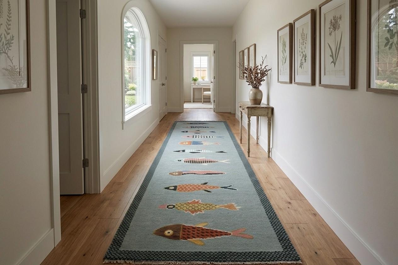 Hand-Knotted Wool Koi Fish Runner – Sage Blue Artisan Fish Rug – Custom Sizes Available