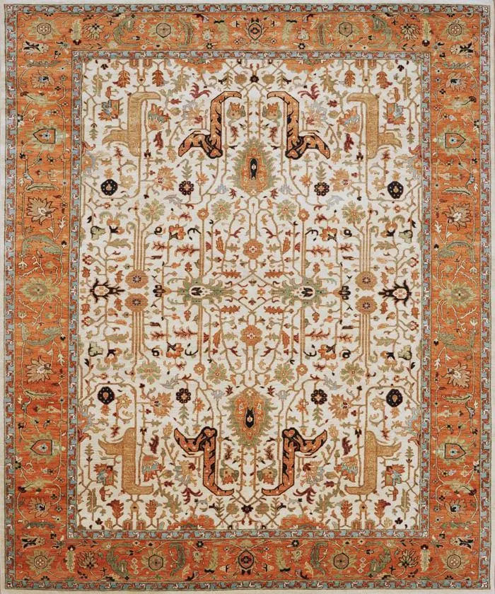 9x12 Ivory Hand Knotted Serapi Heriz Wool Rug - Large Antique Style Terracotta Area Rug