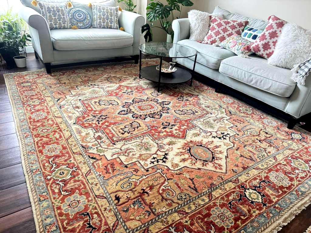 Hand knotted Heriz Serapi Wool Rug – Rust ivory Area Rug 6×9, 8×10, 10x14 ft – Persian Style Burgundy Serapi Rug for Living Room & Bedroom