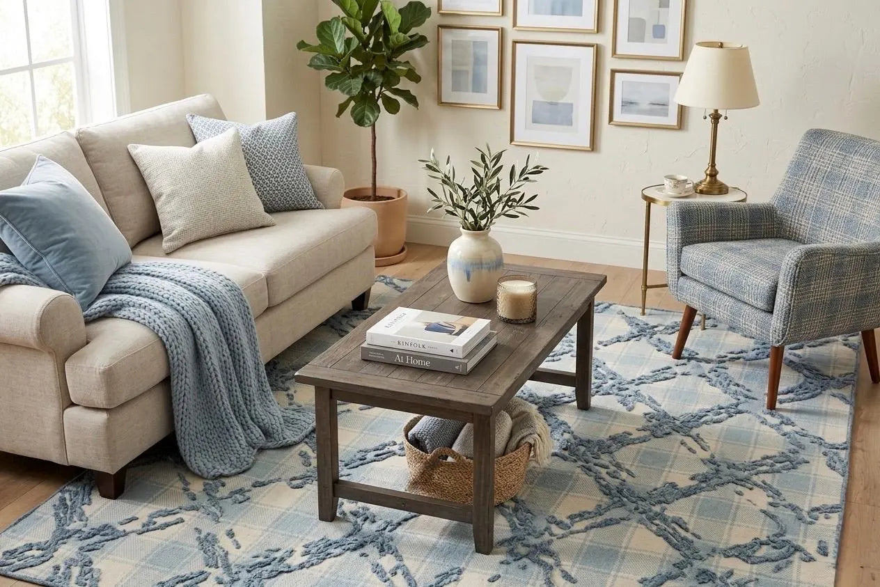 Coastal Gingham Hand-Tufted Rug | Blue & Cream High Low Textured Plaid Area Rug