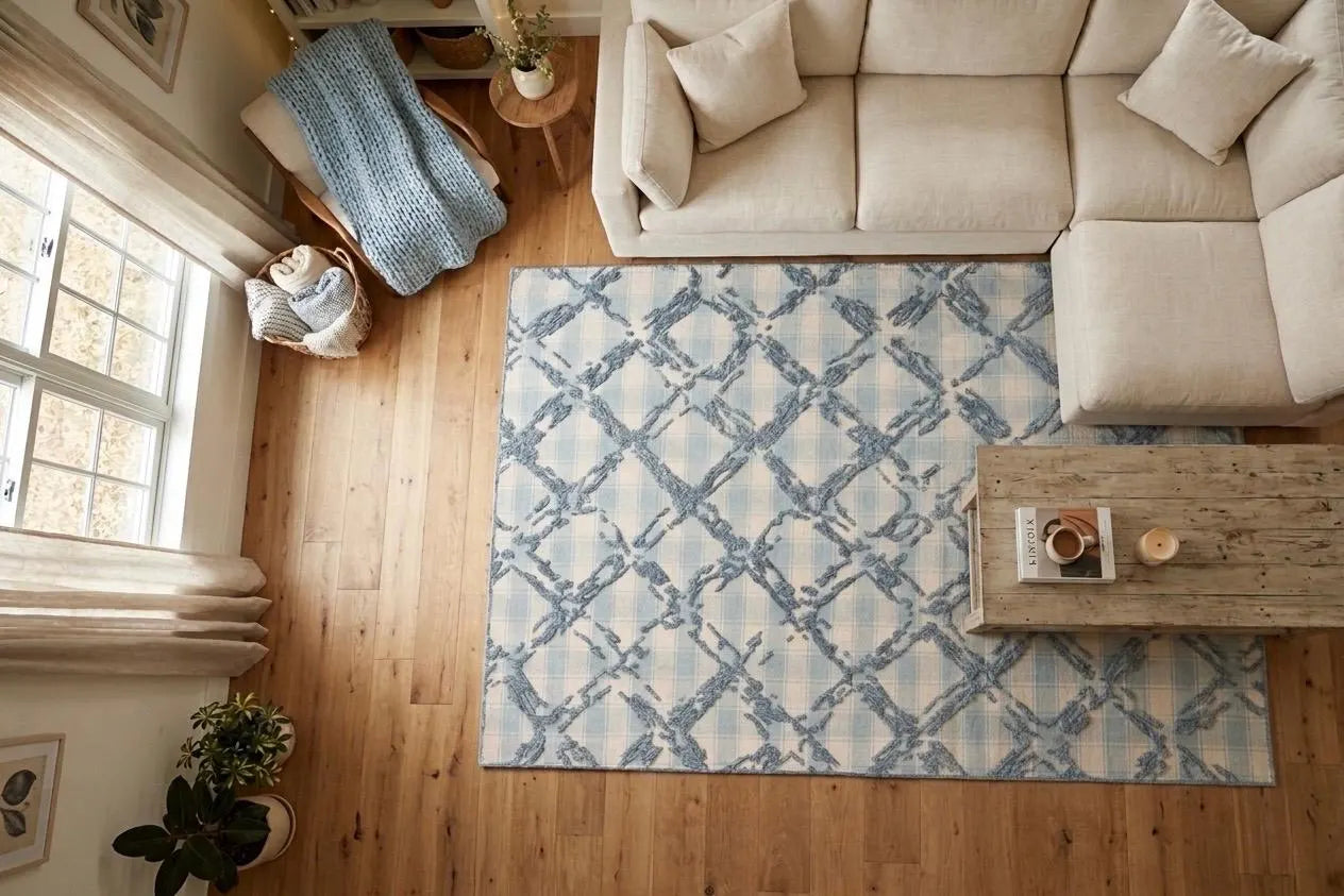 Coastal Gingham Hand-Tufted Rug | Blue & Cream High Low Textured Plaid Area Rug
