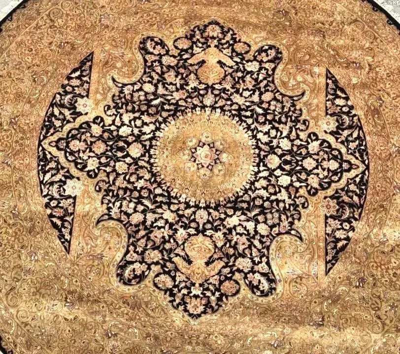 10 ft Round Premium Wool & Silk Black Gold Large Medallion Oriental Carpet for High-End Living Room