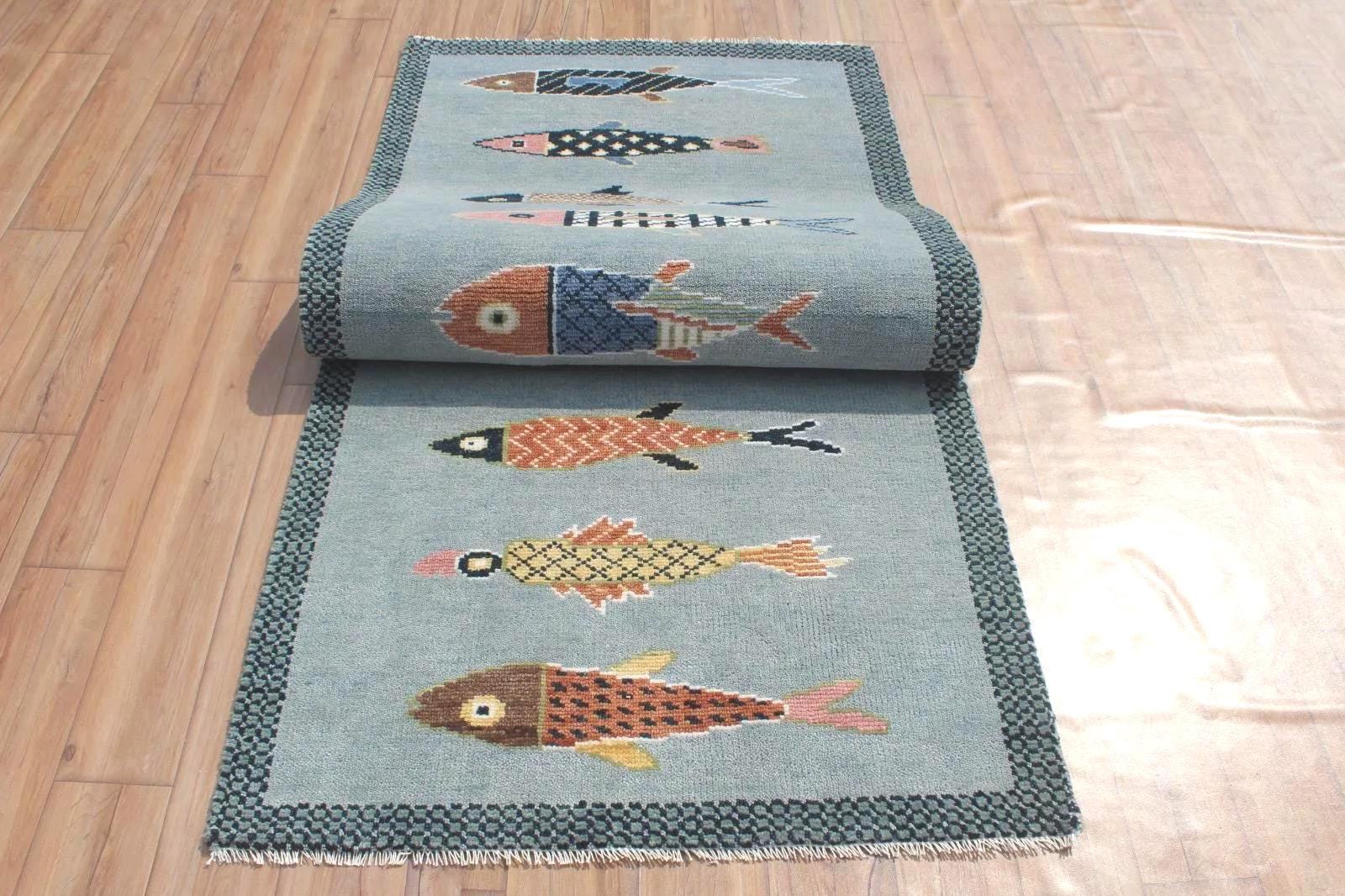 Hand-Knotted Wool Koi Fish Runner – Sage Blue Artisan Fish Rug – Custom Sizes Available