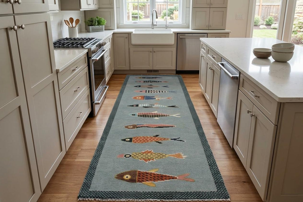 Hand-Knotted Wool Koi Fish Runner – Sage Blue Artisan Fish Rug – Custom Sizes Available
