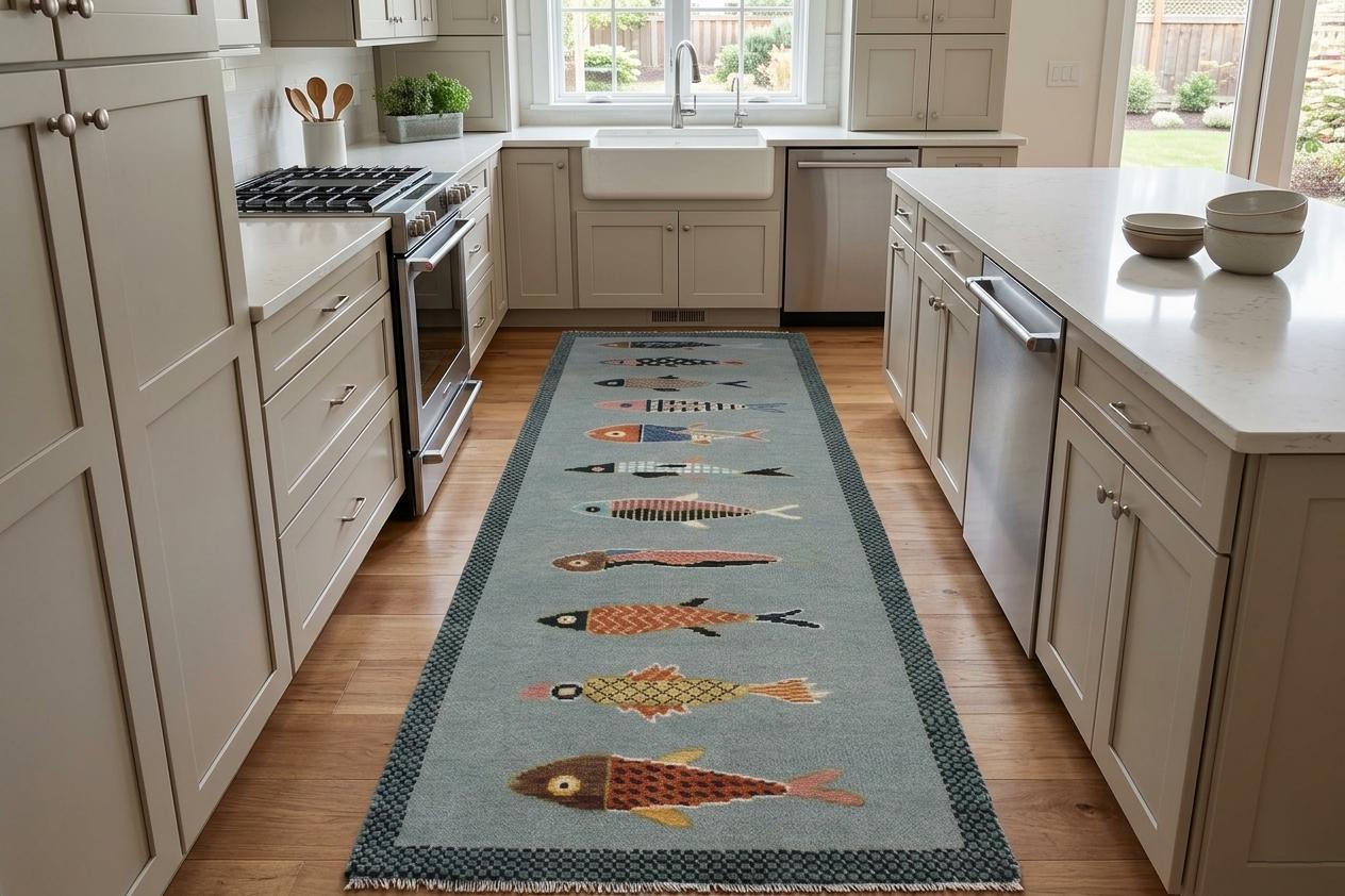 Hand-Knotted Wool Koi Fish Runner – Sage Blue Artisan Fish Rug – Custom Sizes Available