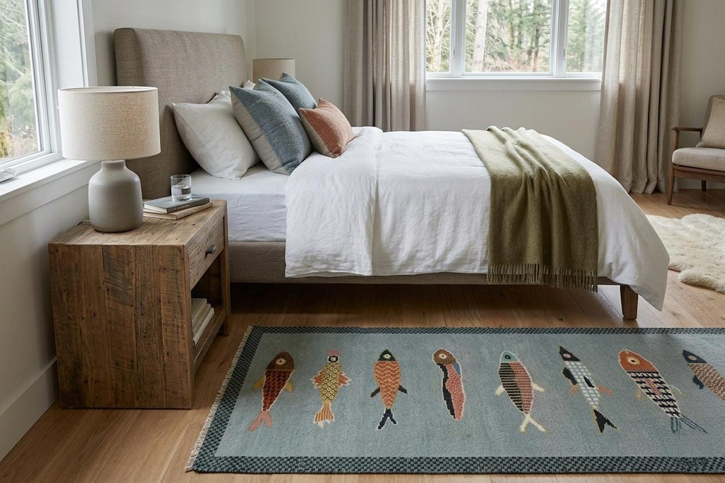 Hand-Knotted Wool Koi Fish Runner – Sage Blue Artisan Fish Rug – Custom Sizes Available