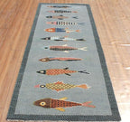 Hand-Knotted Wool Koi Fish Runner – Sage Blue Artisan Fish Rug – Custom Sizes Available