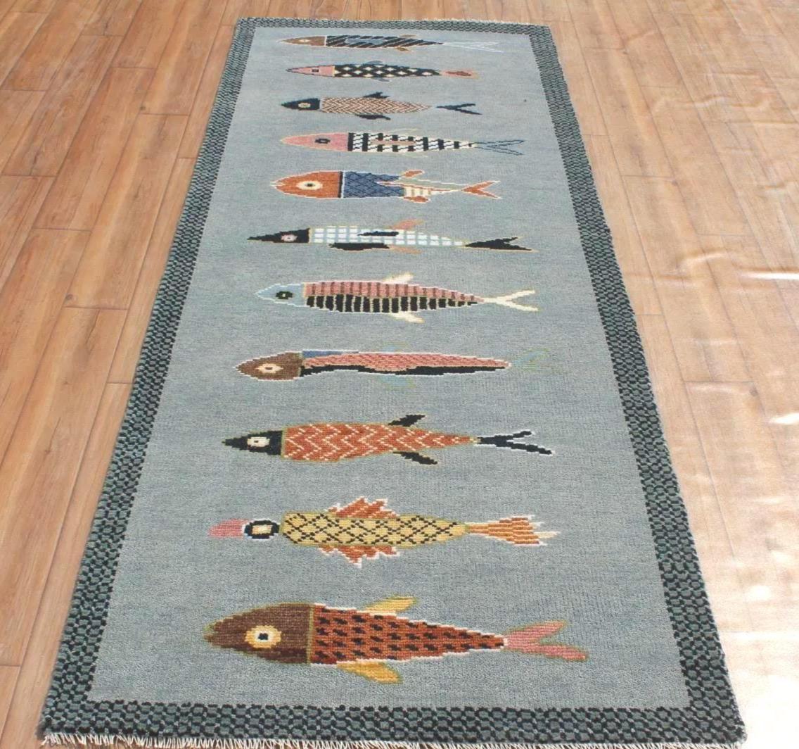 Hand-Knotted Wool Koi Fish Runner – Sage Blue Artisan Fish Rug – Custom Sizes Available