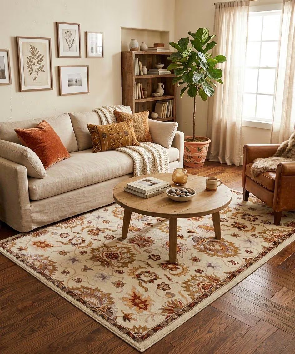 5x8 ft Elegant Traditional Hand-Tufted Wool & Silk Rug | Cream & Terracotta