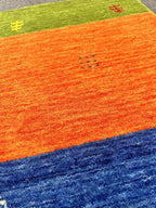 Quick ship! 2x3 ft Colorful Tricolor- burnt orange, green and blue  -Authentic Hand-Knotted Wool Gabbeh Accent Rugs, Simi Rugs, Bedside rug