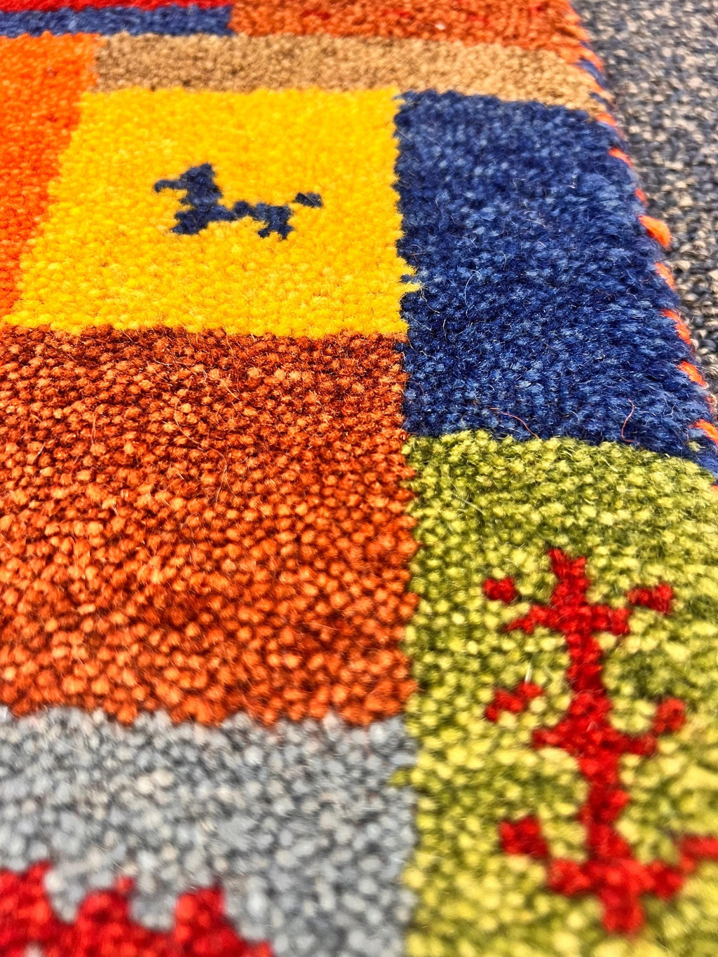 Quick ship! 2x3 ft Colorful Tribal maize- burnt orange and multi  -Authentic Hand-Knotted Wool Gabbeh Accent Rugs, Simi Rugs, Bedside rug