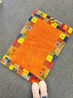 Quick ship! 2x3 ft Colorful Tribal maize- burnt orange and multi  -Authentic Hand-Knotted Wool Gabbeh Accent Rugs, Simi Rugs, Bedside rug