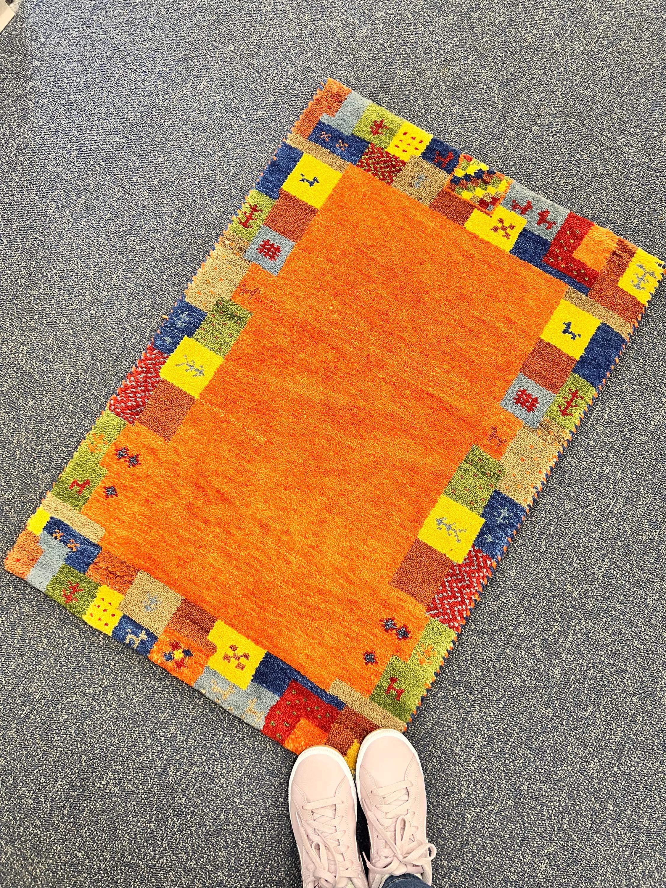 Quick ship! 2x3 ft Colorful Tribal maize- burnt orange and multi  -Authentic Hand-Knotted Wool Gabbeh Accent Rugs, Simi Rugs, Bedside rug
