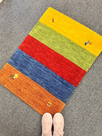 Quick ship! 2x3 ft Colorful Rainbow multicolor rug  -Authentic Hand-Knotted Wool Gabbeh Accent Rugs, Simi Rugs, Bedside rug, door & bath mat