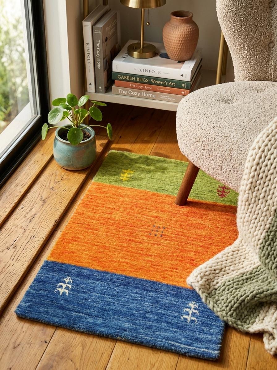 Quick ship! 2x3 ft Colorful Tricolor- burnt orange, green and blue  -Authentic Hand-Knotted Wool Gabbeh Accent Rugs, Simi Rugs, Bedside rug