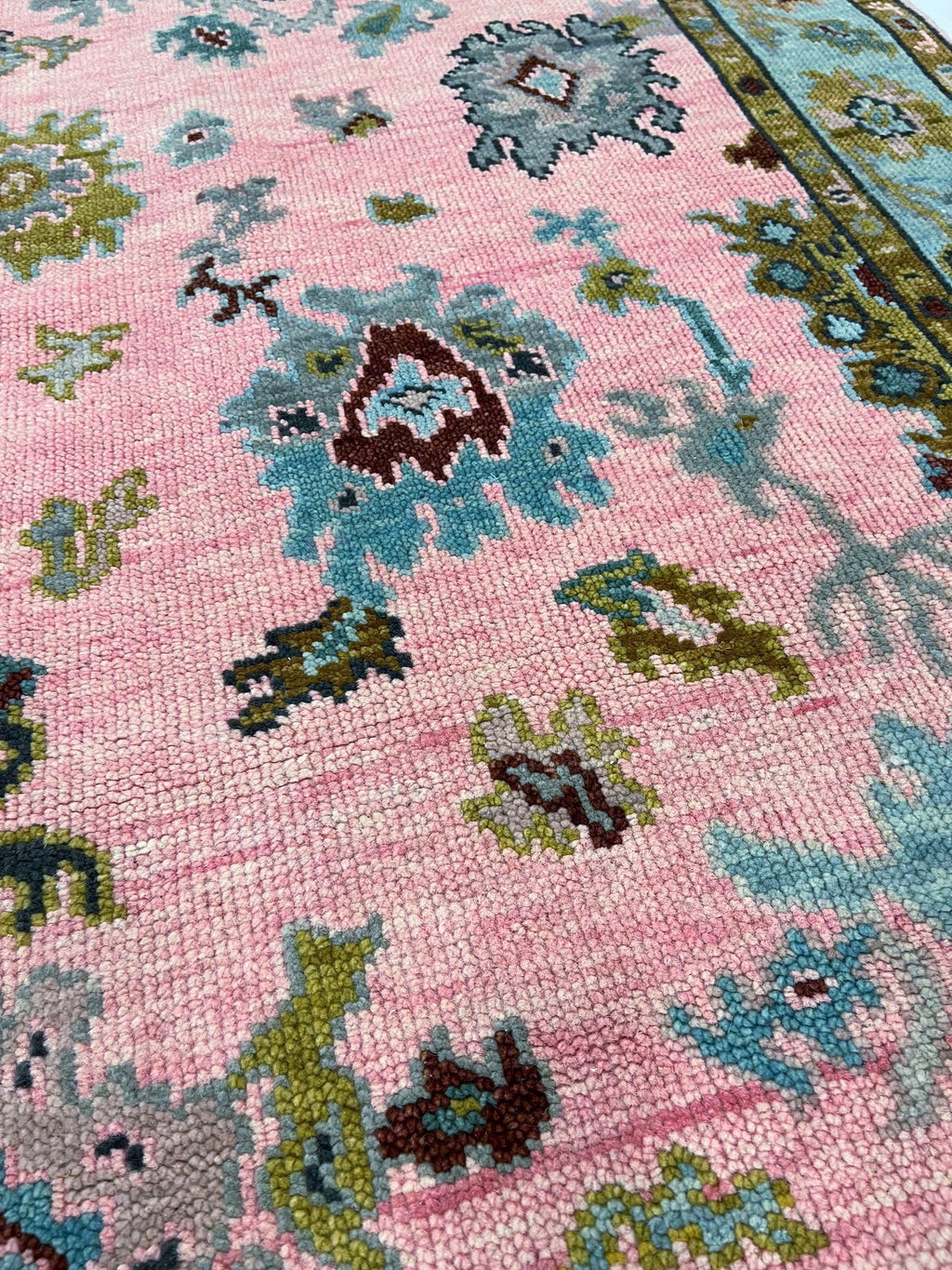 Hand knotted pink Oushak Rug – Custom Pastel Pink & Sky Blue